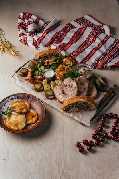 Assorted Polish dishes on wooden table